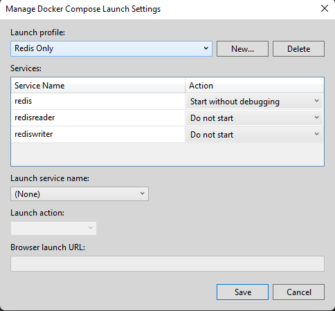 dotnet docker launch profiles redis only