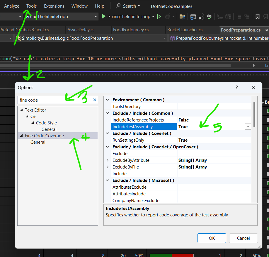 visual studio code coverage exclude test assembly