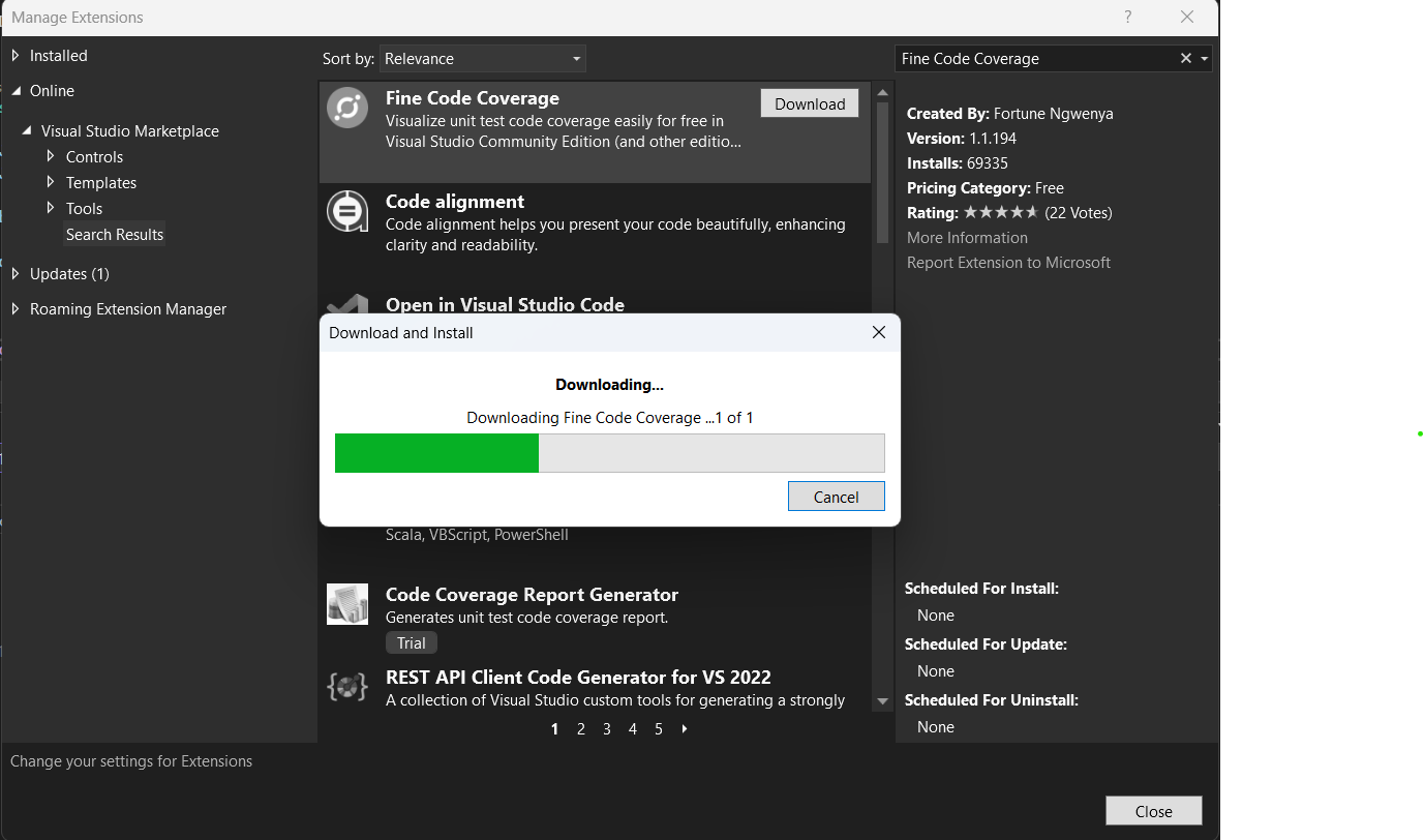 fine code coverage visual studio 2022 extension downloading