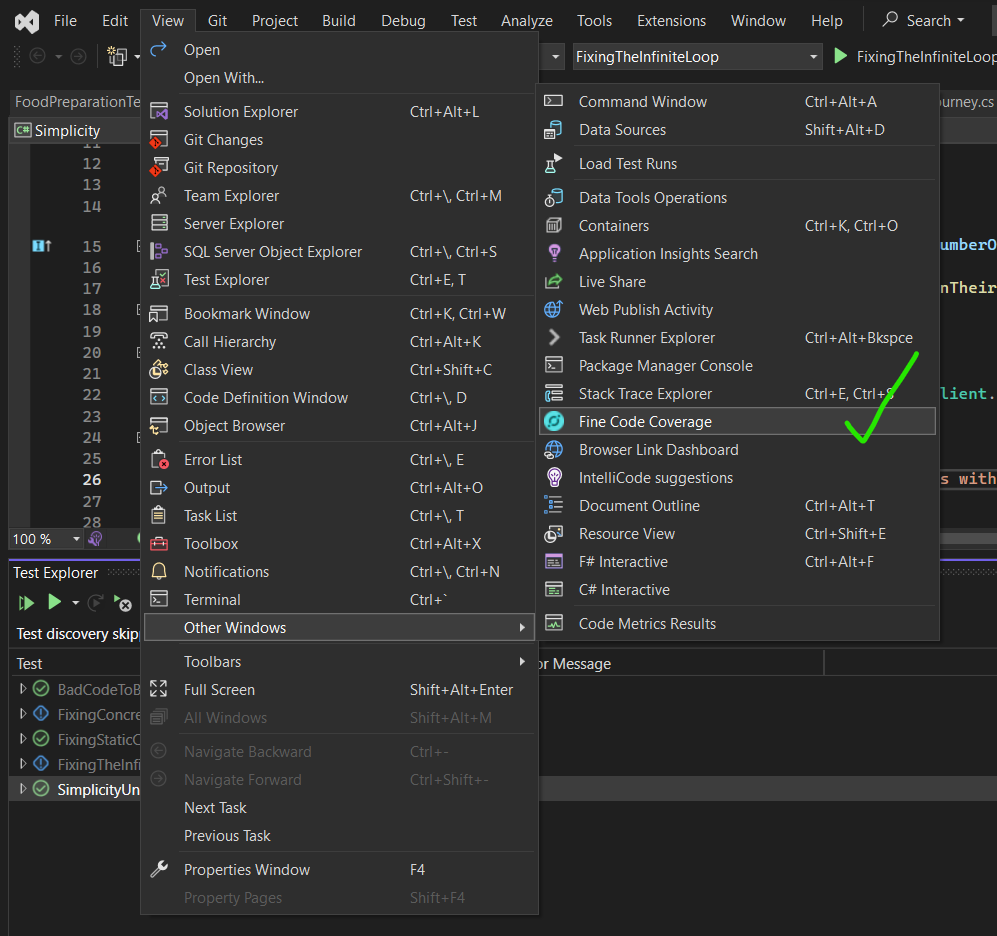 fine code coverage visual studio 2022 window