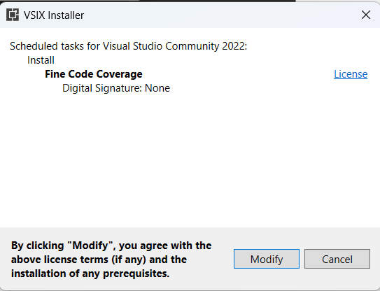 code coverage visual studio vsix installer dialog