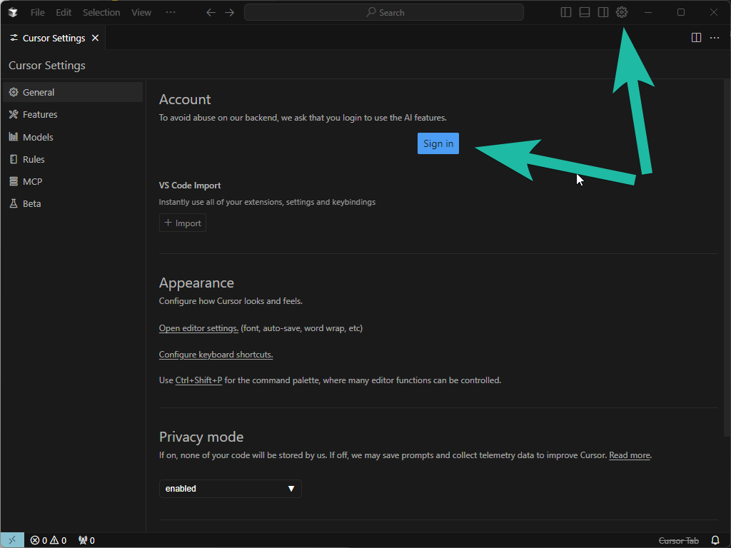 Cursor settings Sign in