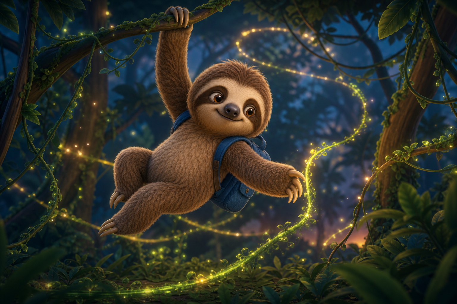 CodeSloth swinging through an evening canopy along glowing golden agent trails.