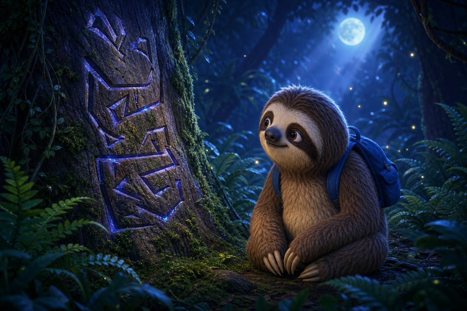CodeSloth calmly studying angular indigo-edged glyphs carved into bark among ferns at dusk.