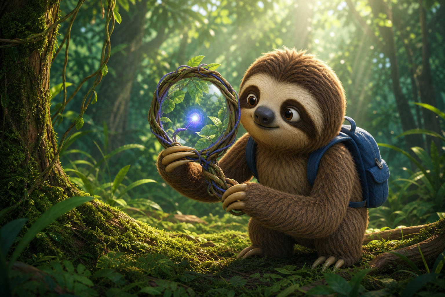 CodeSloth beside an indigo vine magnifying lens focusing on a glowing found node in a bright jungle.