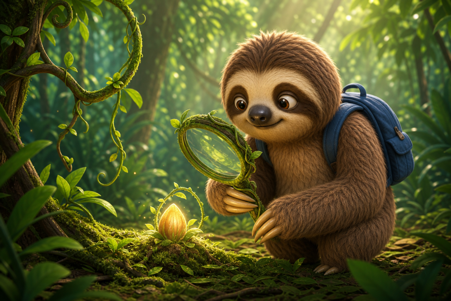 CodeSloth beside a vine magnifying lens focusing on a glowing found seed in a bright jungle.
