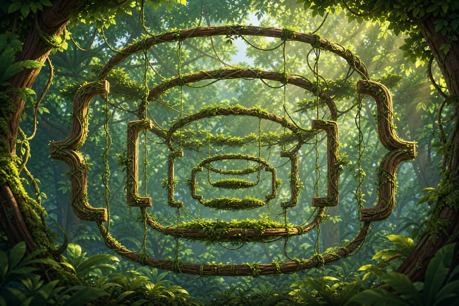 Nested curly braces woven from jungle vines hanging in a sunlit canopy clearing.