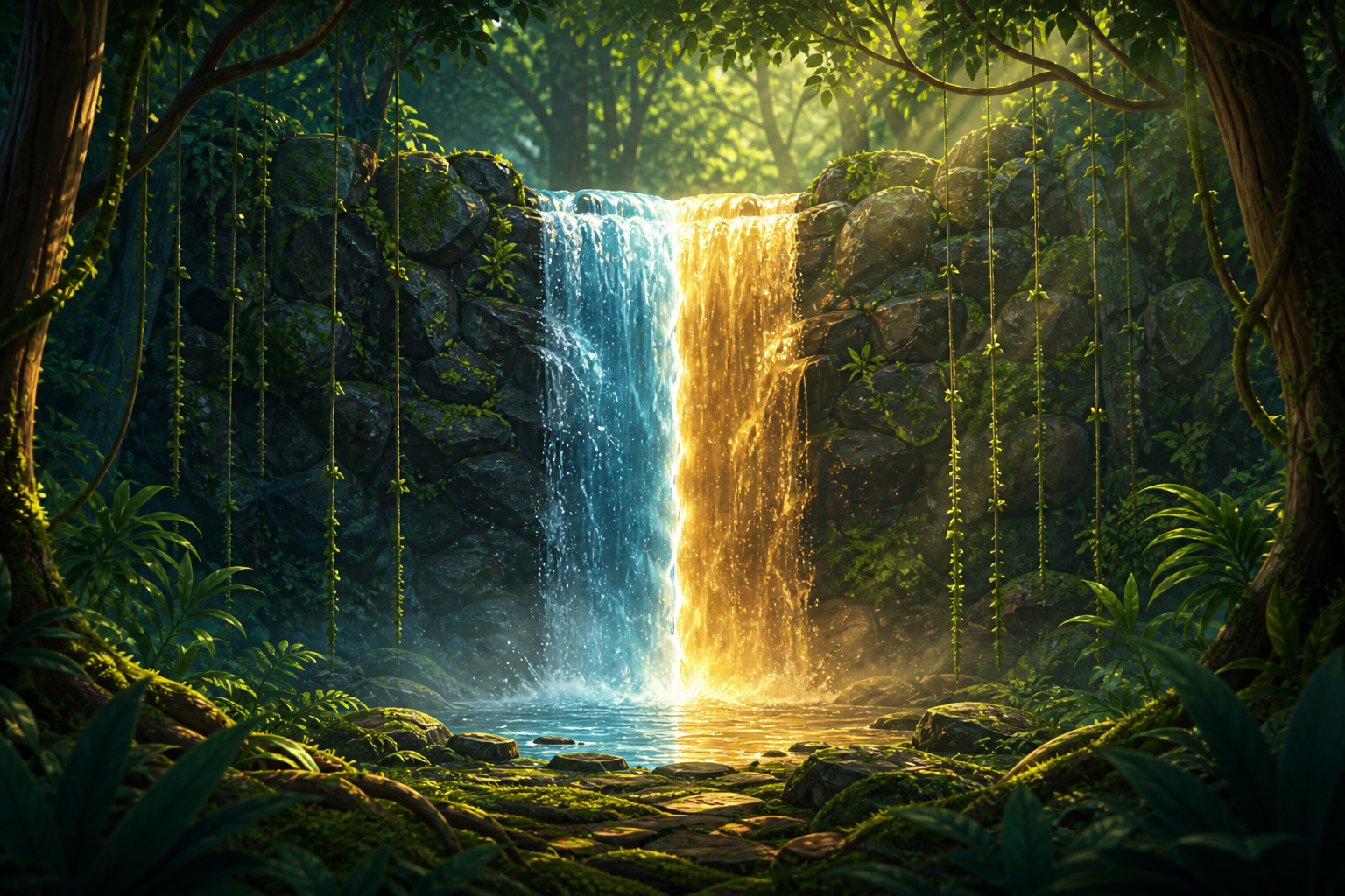 A jungle waterfall split into cool blue and warm amber cascades, suggesting a side-by-side profile compare.