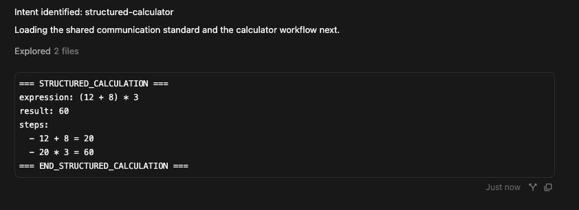 Agent reply with Intent identified: structured-calculator and a fenced STRUCTURED_CALCULATION block
