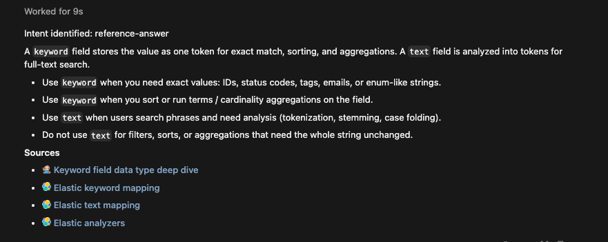Agent reply with Intent identified: reference-answer, a concise keyword vs text explanation, and Sources