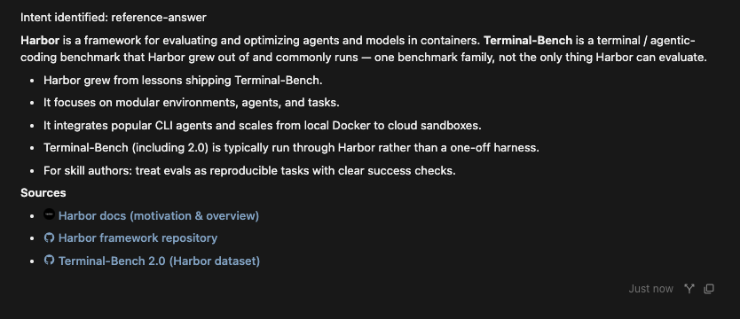 Agent reply with Intent identified: reference-answer explaining Harbor and Terminal-Bench, with Sources