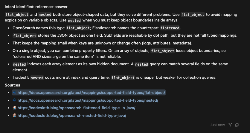 Agent reply with Intent identified: reference-answer explaining flat_object vs nested, with Sources