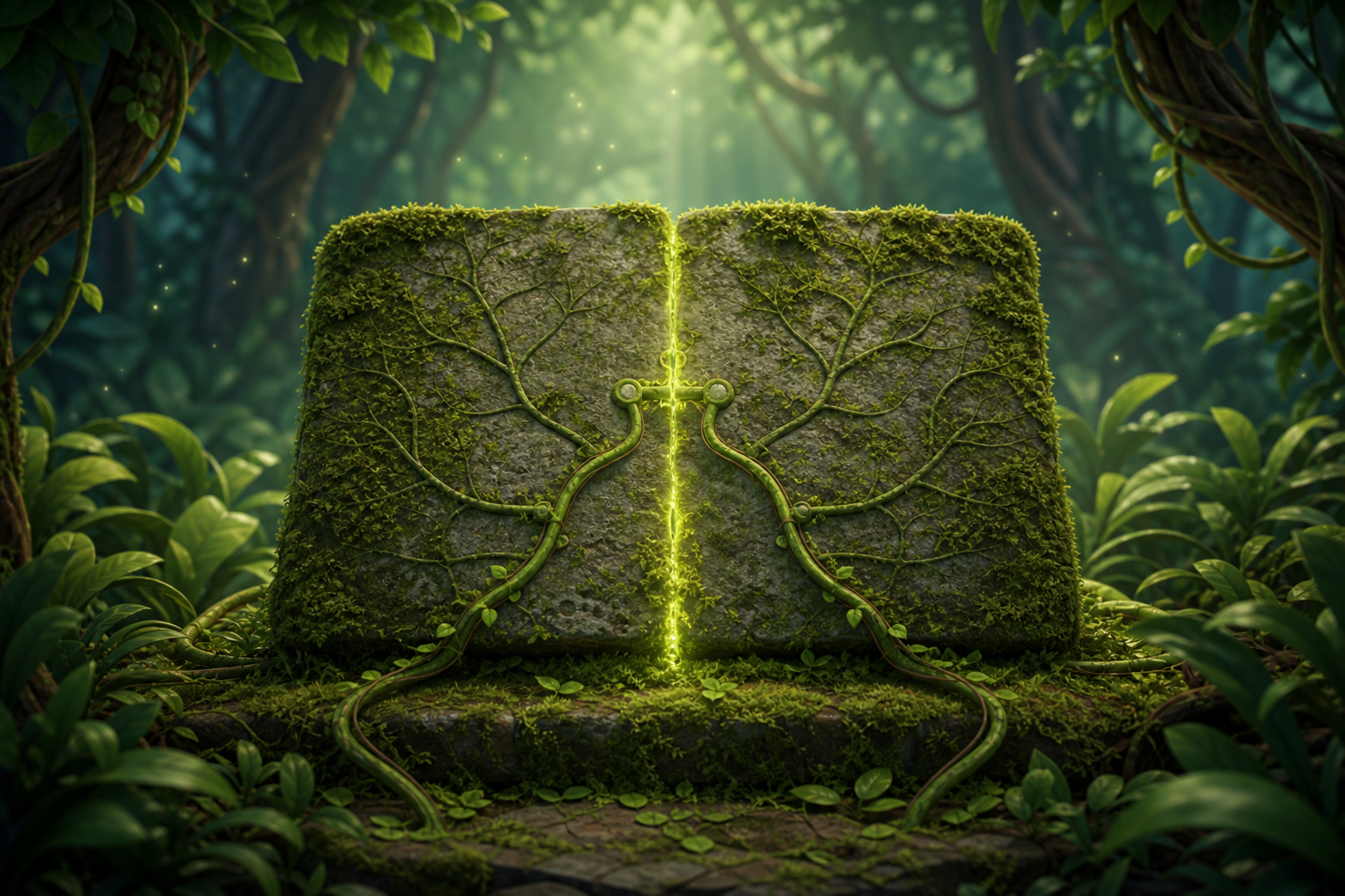 A moss-covered stone tablet split into two panels in a jungle clearing, with vines aligning matching points.