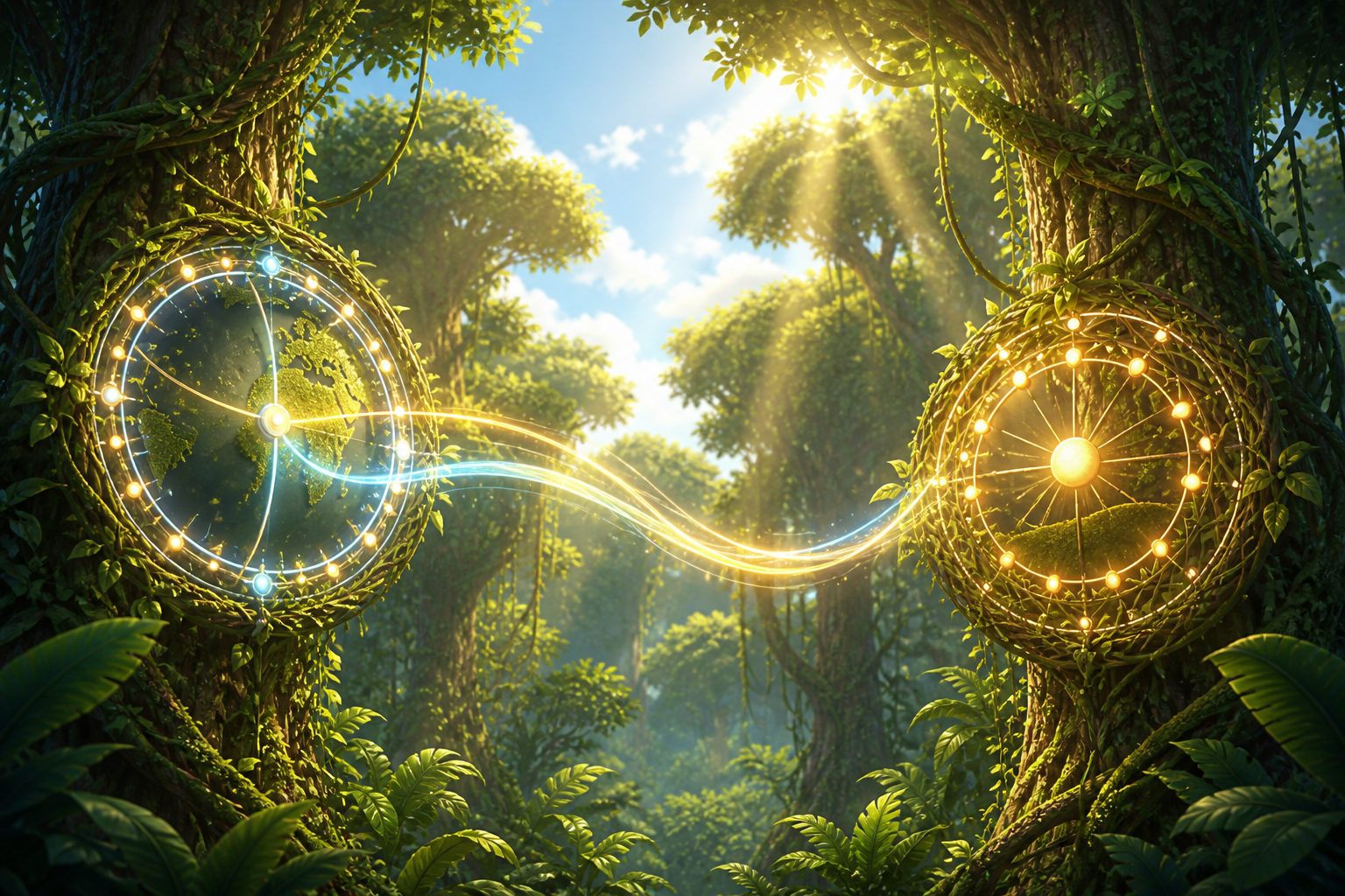 Two vine-framed glowing dials in a jungle canopy linked by a light trail — one globe, one sun path.