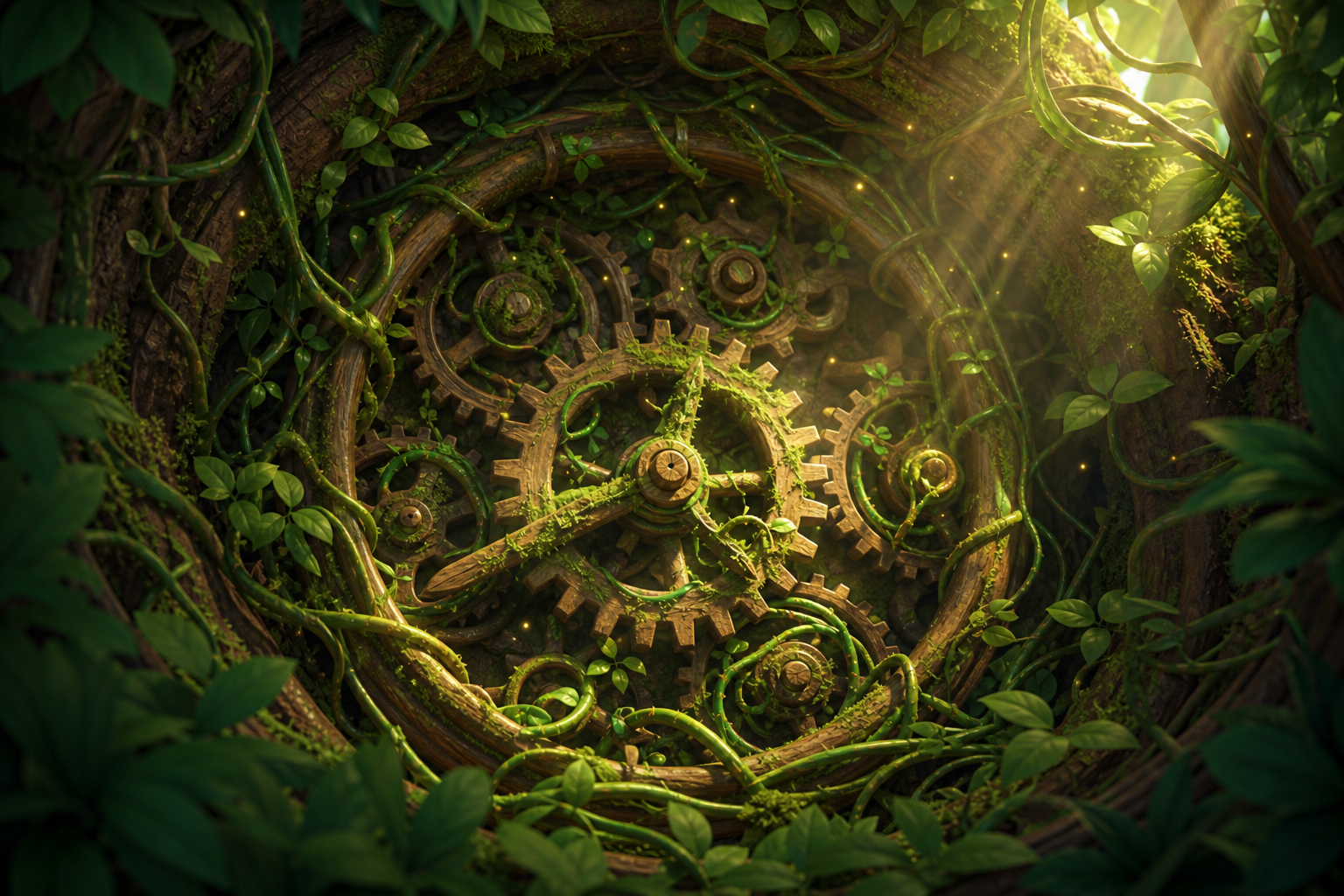 Organic wooden gears wrapped in glowing vines turning inside a mossy jungle hollow.