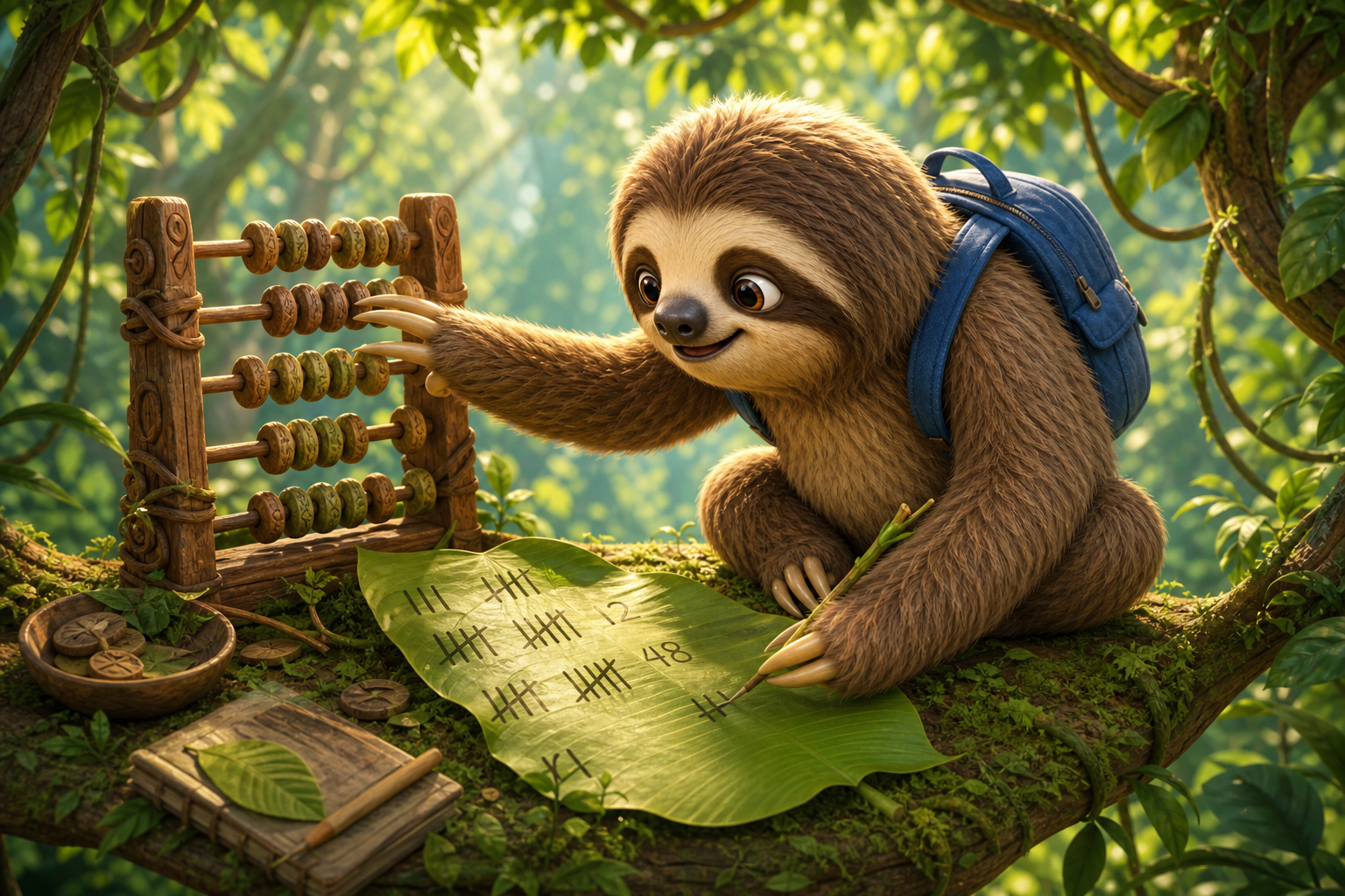 CodeSloth counting on a wooden abacus and tallying numbers on a leaf in bright jungle sunlight.